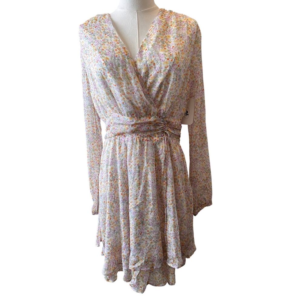 ELODIE Nordstom Women's Pink Yellow Floral Long Sleeve V-Neck Mini Dress Size M - Picture 2 of 6